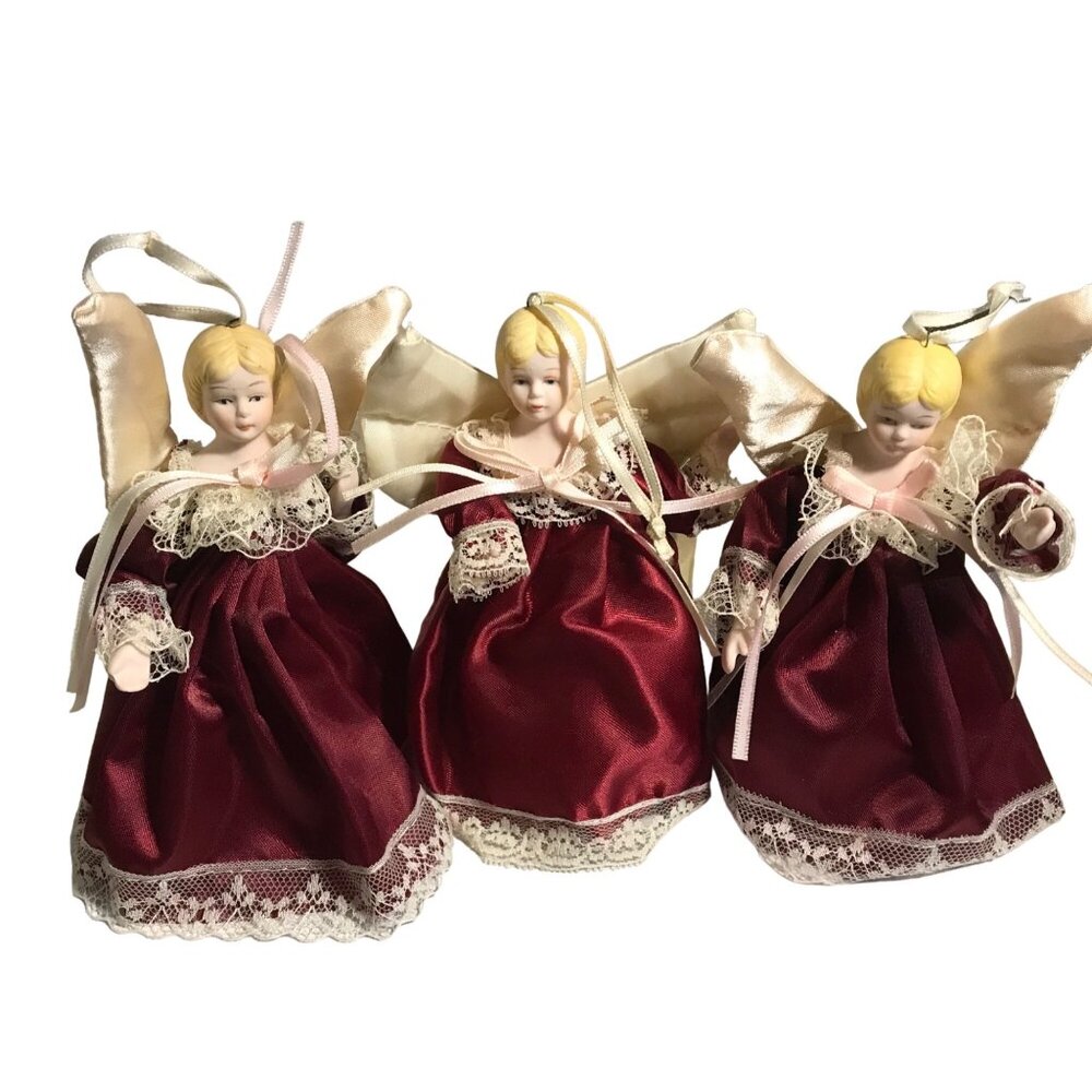 Angel Ornaments Set Of 3 With Deep Wine Lace Dresses & Satin Wings Ceramic Vtg
